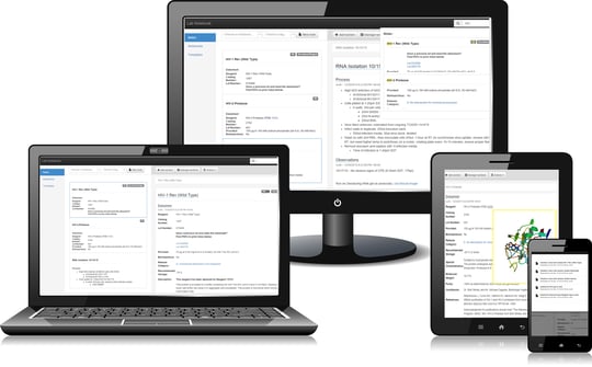 An image that shows the StackWave Electronic Laboratory Notebool (ELN) on multiple platforms including a computer monitor, a laptop, a tablet, and a phone An image that shows the StackWave Electronic Laboratory Notebool (ELN) on multiple platforms including a computer monitor, a laptop, a tablet, and a phone