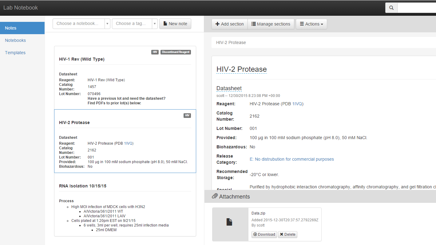 A screenshot of a user attaching files to a note in the StackWave ELN