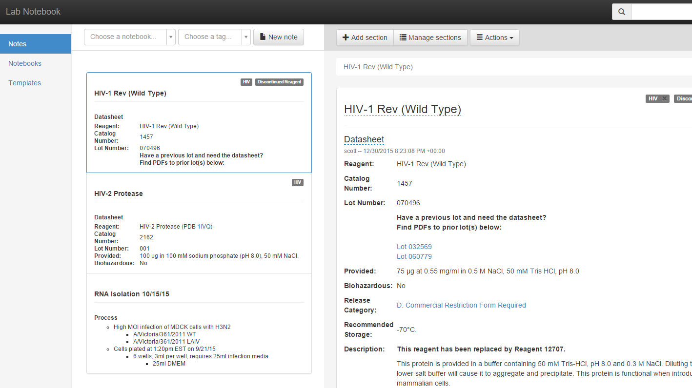 An image that shows the Electronic Laboratory Notebook Notes Page