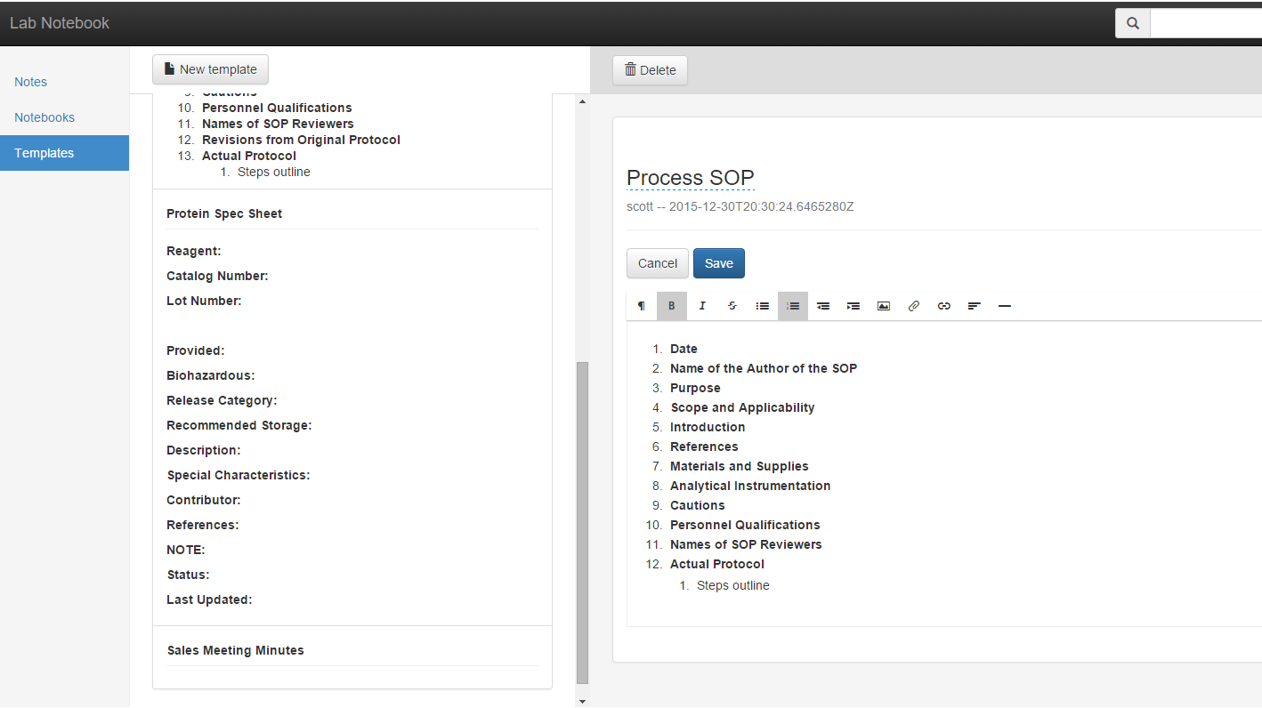 A picture that shows how to use templates in the StackWave Electronic Laboratory Notebook