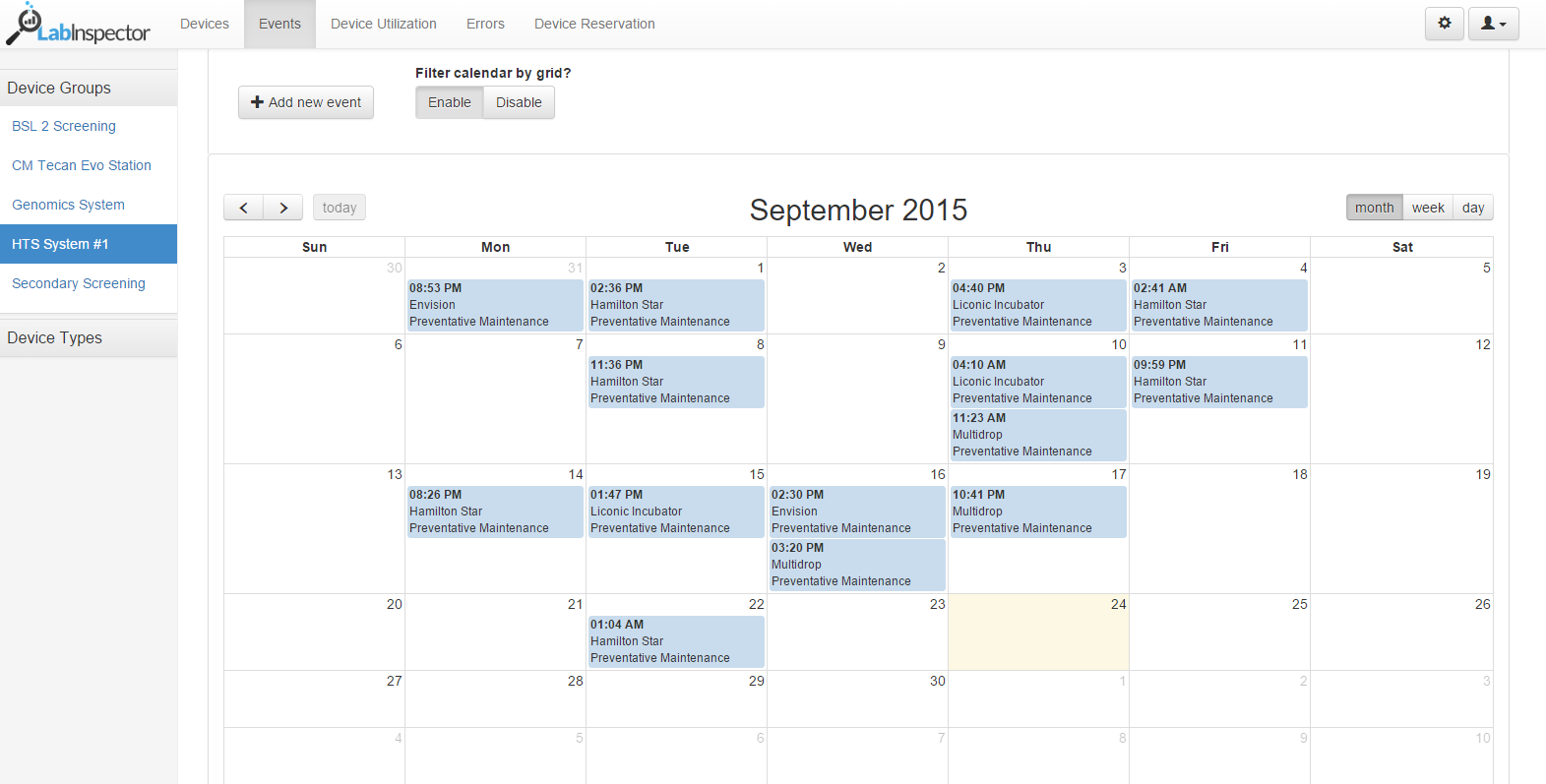 An image that shows the laboratory device calendar