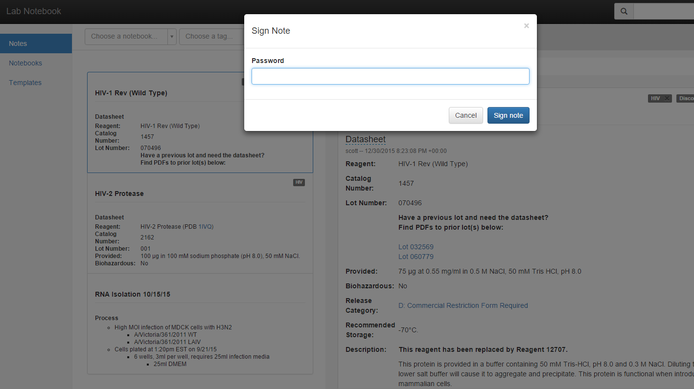 A picture that shows CFR Part 11 compliant digital signing of Electronic Laboratory Notebook notes.