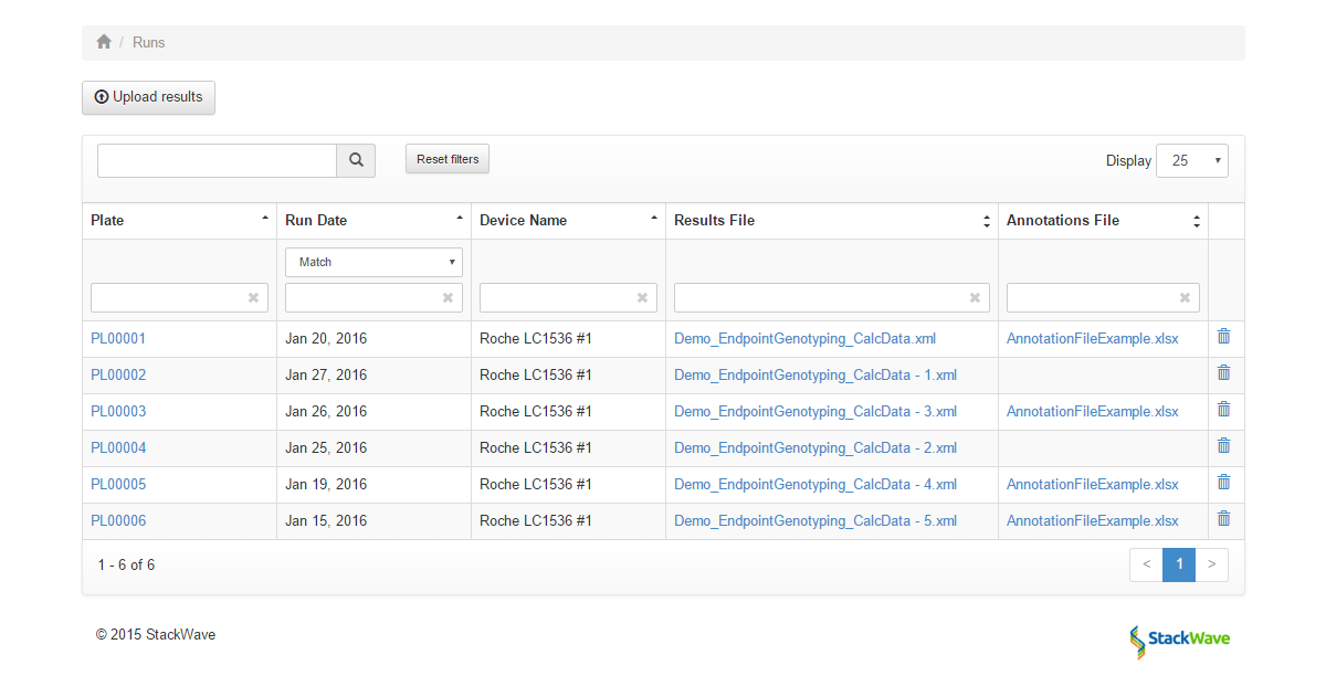 An image that shows the result files for a number of Roche LC1536 runs in our genotyping qPCR solution